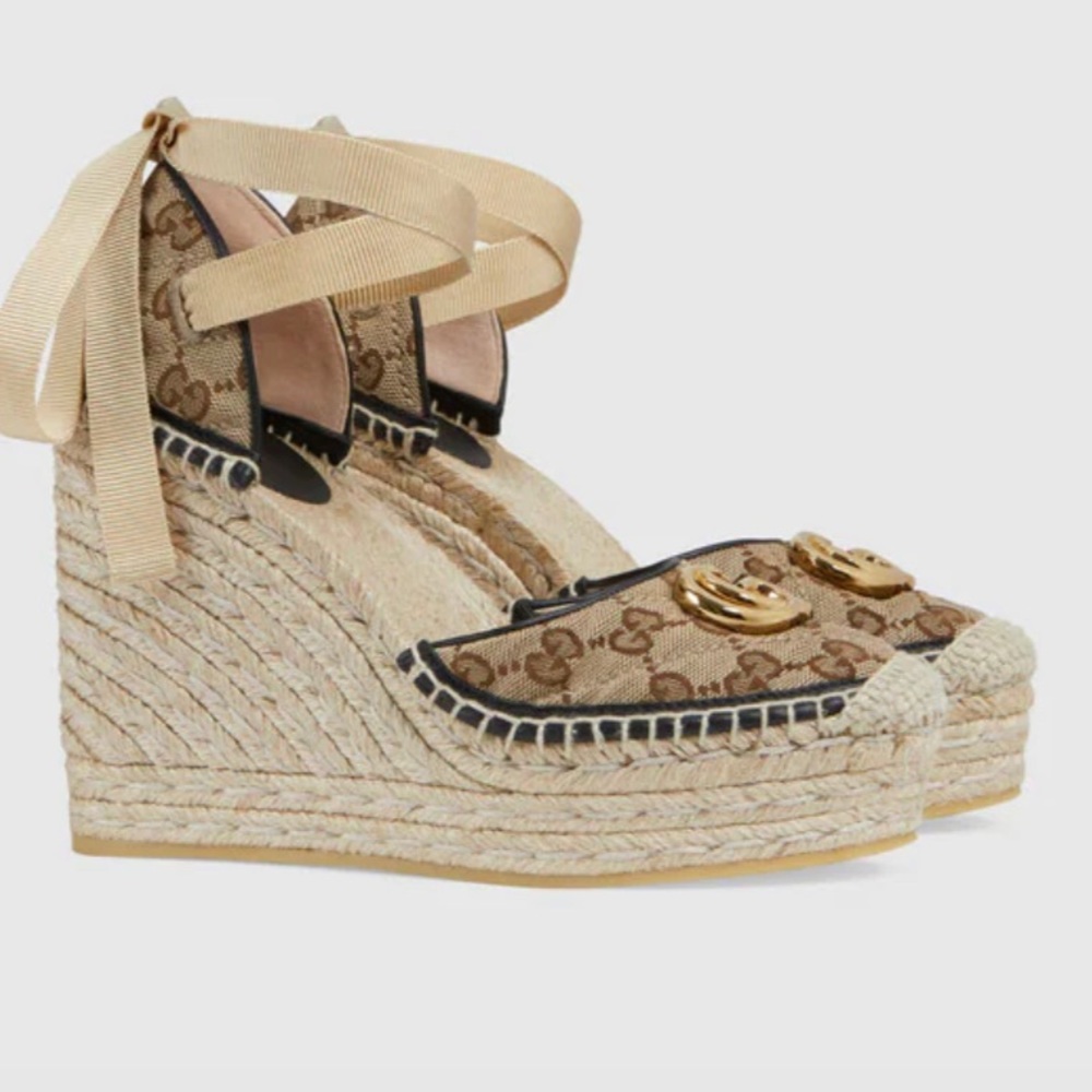 Gucci Brown GG Canvas Espadrille Wedge Sandals with Gold Hardware